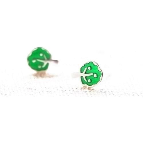New Minimalist Fresh Korean Style Sweet Epoxy Green Small Tree 925 Sterling Silver Jewelry Personality Plant Stud Earrings SE909