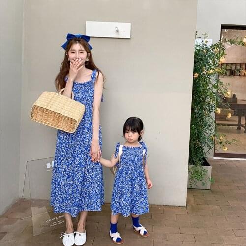 Family Matching Look Sets Mother and Daughter Same Clothes Dresses Summer Blue Sling Long Skirt For Girls Women Floral Bow Baby