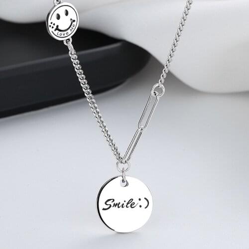 S925 Sterling Silver Stitching Round Smiley Face Net Red Clavicle Chain Student Cute Sterling Silver Necklace Sweet Cool Style