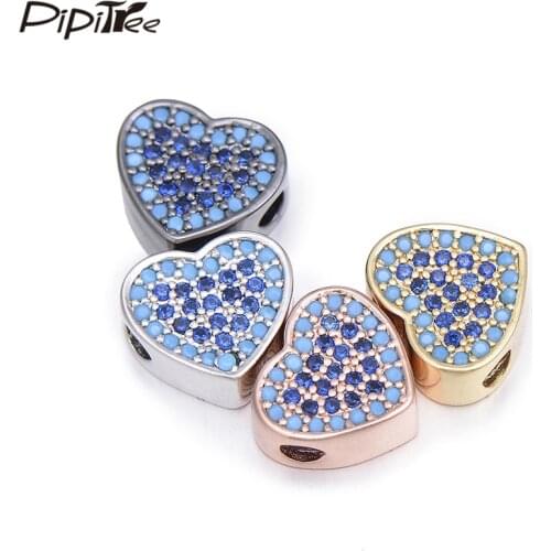 Pipitree 3pcs/lot Fashion Blue Zircon Heart Beads Charms fit Bracelet & Necklace Copper DIY CZ Charm Bead Spacers Jewelry Making