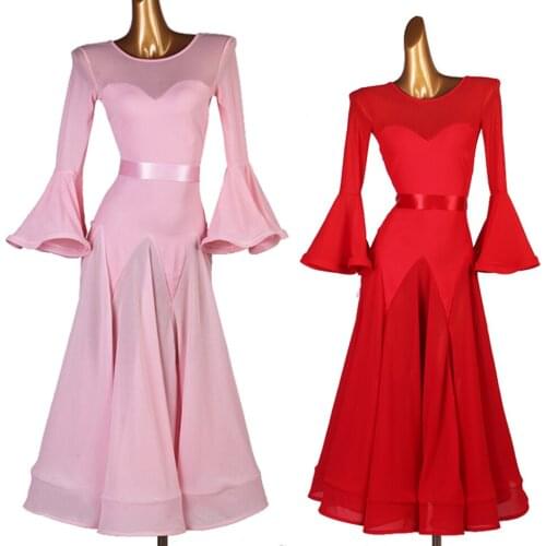 2020 New Ballroom Dance Competition Dresses Waltz Dress Standard Dance Dresses with Waist Belt Mesh Bust Big Hem
