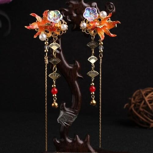 Ancient Hanfu Headdress Tassel Hair Crown Steps Shake Hairpins Chinese Style Goldfish glass Pair Of Hair clips Hair Accessories