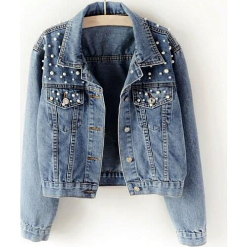 Plus Size Pearl Beading Short Denim Jackets 3Xl 5Xl Women White Wash Long Sleeve Vintage Casual Denim Coat Jacket Bomber