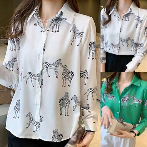 Women Fashion Casual Shirt Animal Print Single-breasted Autumn Turndown Collar Long Sleeve All Match Blouse Streetwear Home
