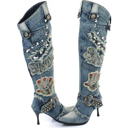 2021 New Female Denim Boots High Heel Knee High Boots Rivets Beading Winter Warm Jean Botas Mujer Rubber Boots Women