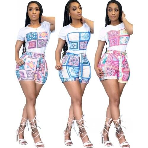 Two Piece Set Women Summer 2021 New Print Round Neck Short-Sleeved T-Shirt + Pencil Pants Casual Shorts Set Fashion Tracksuit