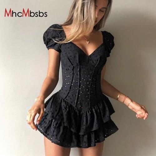 Short Puff Sleeve V Neck Women Pleated Summer Bubble Mini Dress Sexy Ruffles Hollow Out Hole Vintage Prom Party Fairy Robe