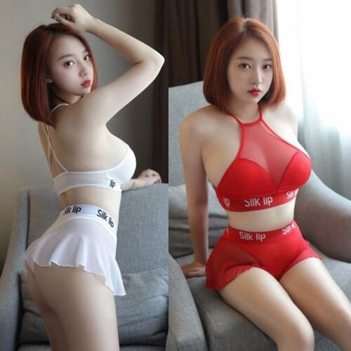 2PCS/Set Mesh Cheerleading Uniform Hot Sexy Erotic Lingerie Halter Bustier Crop Top Cropped Thong Pantskirt Micro Mini Skirts