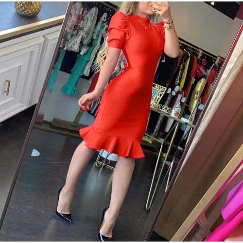 2020 Autumn New Puff Sleeves Knee Leng Rayon Bandage Dress Vintage Celebrity Designer Party Dress Vestios