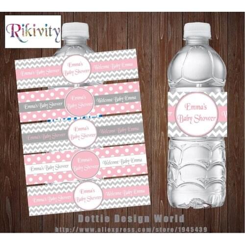 20Pcs Custom Grey Pink Polka Dot Princess Party Water Bottle Wine Labels Candy Bar Wrapper Baby Shower Birthday Party Decoration