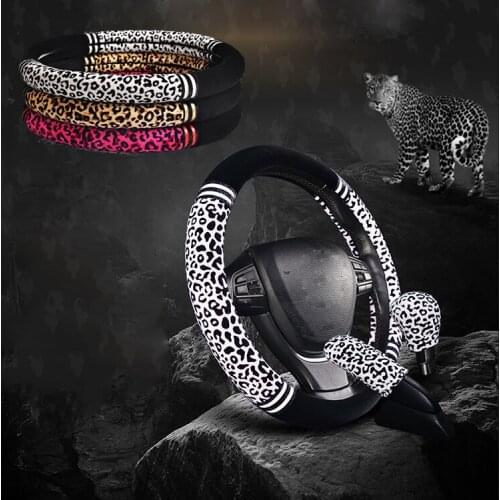 38cm Leopard Car Steering Wheel Cover Interior Universal Winter Plush Short Flannel Steering Covers Anti-slip Car Accessories