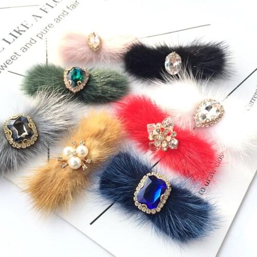 4pcs/lot Mink Fur Rhinestones beaded brooch patches for clothing applique sewing beading shoes hair accessories decoration patch