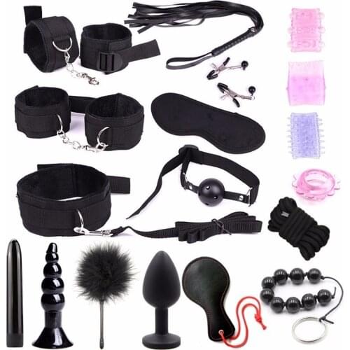 7/18pcs/set Bdsm Bondage Set Handcuffs Whip Mouth Gag Rope Silicone Anal Beads Butt Plug Anal Plug Vibrator Sex Toys for Woman