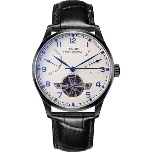 43mm Parnis Skeleton Mechanical Automatic Watch Black PVD Case Men Power Reserve Tourbillon Watches Men Gift zegarki meskie 2019