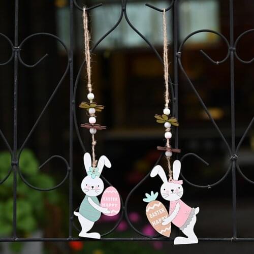 Wooden Long Ear Bunny Pendant Hanging 2020 Easter Day Ornament Decoration Easter Party Decor Supplies For Home Living Room Z71