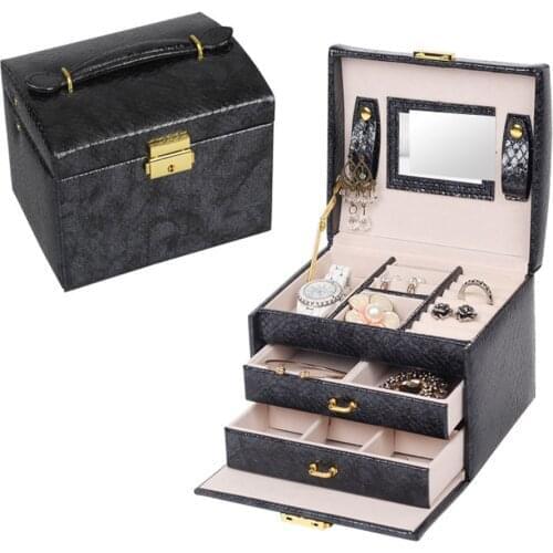 New Double-Layer PU Leather Ring Earrings Necklace Jewellery Box Case Holder Large Capacity Storage Makeup Organizer with Lock