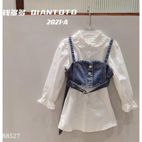 2021 Korea style girls boys 2 pcs set denim vest+ shirt autumn cotton kids suit 4-10 years