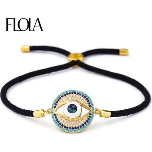 FLOLA Turkish Gold Evil Eye Bracelet for Men Shell Eye Hamsa Bracelet Adjustable Thread Bracelet Famous Brand Jewelry brtb10