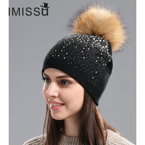 IMISSU Winter Womens Hats Knitted Wool Casual Mask Raccoon Fur Pom Pom Hat Crystal Solid Color Casquette Gorros Outdoor Cap