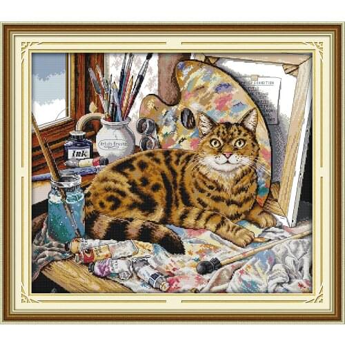 Joy sunday animals style Cat and oil painting handmade cross stitch embroidery kit animal for sitting room decoration