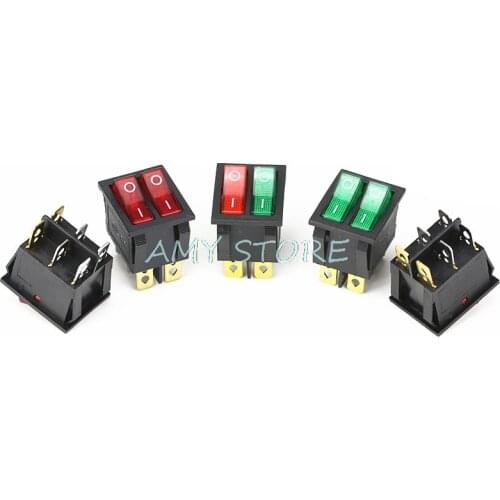 KCD2 Double Boat Rocker Switch 6 Pin On-Off Latching With Green Red Neon Lamp Light 20A 125VAC