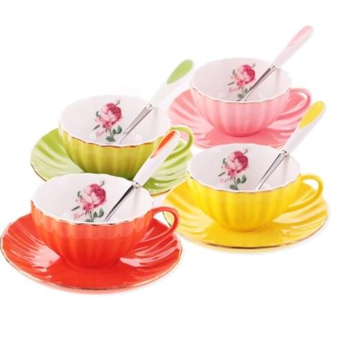Ceramic Coffee Cup Set European Cappuccino Cafe Household Tea Mug Plate Set Garden Flower Tea Cup Afternoon Small Capacity