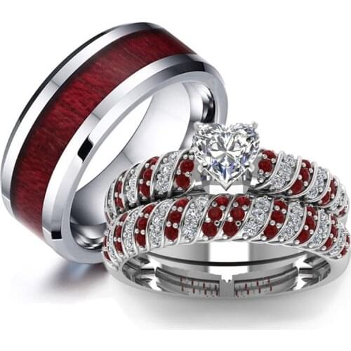 Couple Rings - Fashion Mens Red Wood Stainless Steel Ring Womens Zircon Heart Ring Set Engagement Wedding Bands Gift