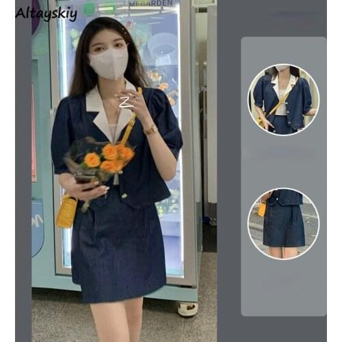 Sets Women Summer Fashion New Korean Style Pure Sweet College All-match Puff Sleeve Crop Tops High Waist Female Outfit