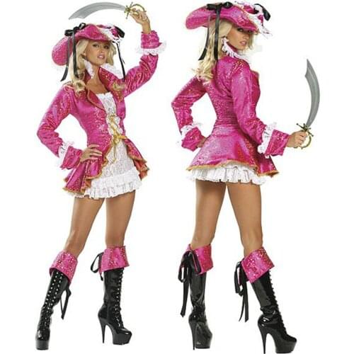 Adult Sexy Pink Pirate Treasure Ladies Fancy Dress Costume Hen Party Outfit Ladies Fancy Dress Costume & Hat