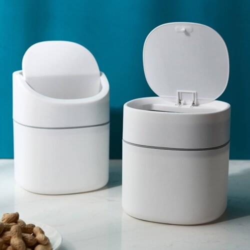 Nordic Style Mini Dust Bin on Table White Table Garbage Trash Bin Click to Open for Kitchen Living Room Bathroom