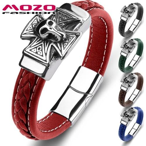 MOZO FASHION Charm Magnetic Skeleton Men Stainless Steel Bracelets Genuine Leather Braided Trendy Jewelry Gifts Multi Color 125