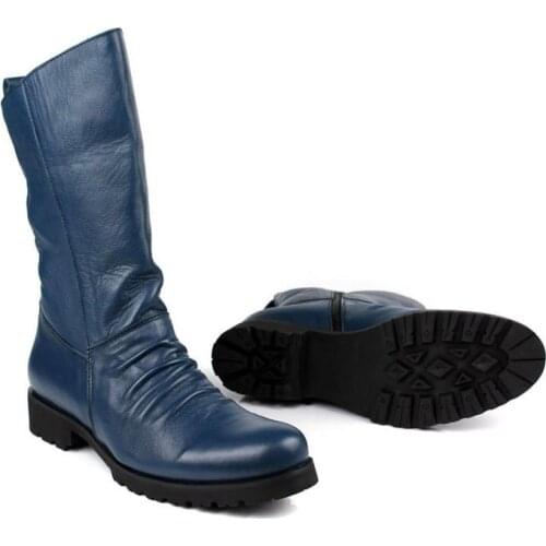 2020 Winter Men Riding Boots Mid-Calf Military Botas Blue Black Genuine Leather Knight Shoes Male Fashion Safety Footwear