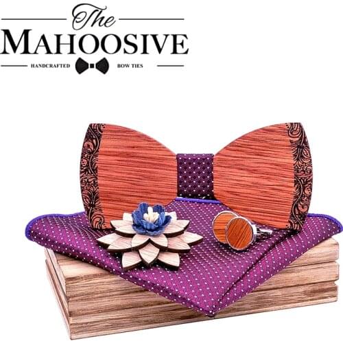Flolar print Wood bow tie bowtie men vintage wood bow tie pocket square handkerchief cufflinks lapel flower brooch With box Set