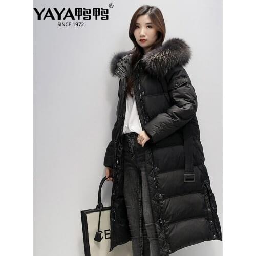 YAYA 2020 New Womens Hooded Winter Black Down Jacket Extended 90% White Duck Down Raccoon Fur Collar Warm Windproof Clothing