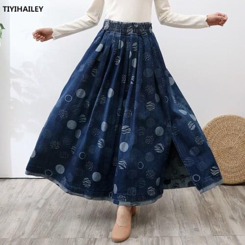TIYIHAILEY Free Shipping Long Maxi A-line Women Elastic Waist Winter Autumn Denim Jeans Vintage Big Hem Print Slit Skirt Thick
