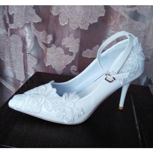 White color lace wedding shoes woman sexy pointed toes ankle buckle straps super high stiletto heeled bridal bride wedding pumps