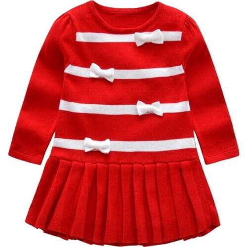 Little Baby Girls Knitted Sweater Dress Kids Winter Red Bow O-Neck Stripe Princess Pullover Dresses Children Pleated Clothing 3Y