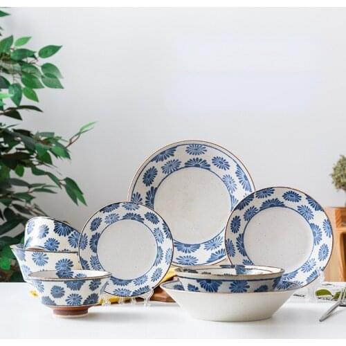 Autumn Harvest Green Chrysanthemum New Underglaze Ceramic Tableware Grainy Rice Bowl Flat Deep Plate Ramen Bowl Kitchen Tools