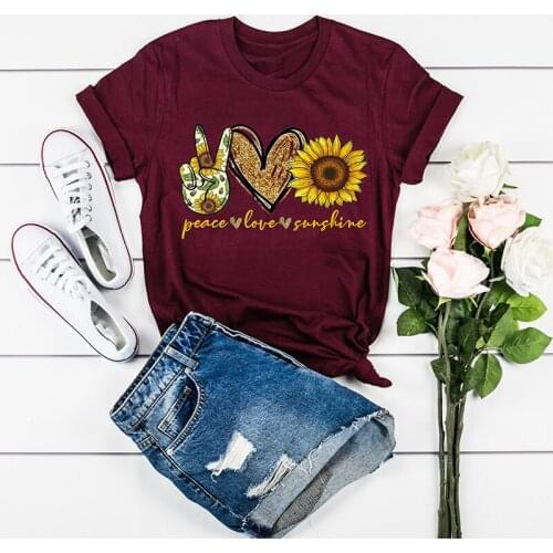 Plus Size New Fashion Short Sleeve O-Neck T-shirt Womens Summer Peace&Love&Sunshine Sunflower Printed Lady Top Casual Shipping