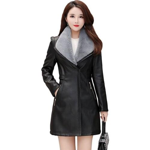 Womens Leather Jacket for Winter Coat New Plus Velvet Warm Slim Big Fur Collar Long Leather Coat Female Outerwear Femme Hiver