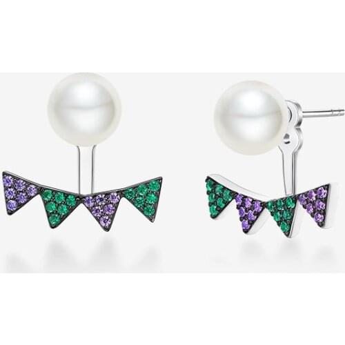 SLJELY 925 Sterling Silver Little Triangle Colored Flag Earrings with Pearl Stud Zircon Women Fashion Personality Party Jewelry