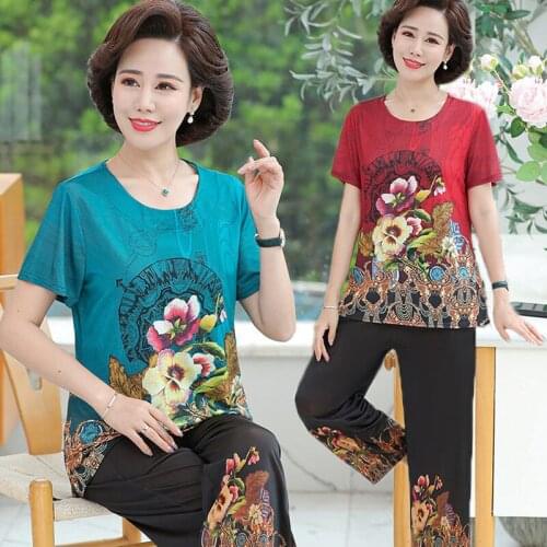 2021 Women Summer Loose Short Sleeve T-shirt and Pants Two Piece Set Middle-aged Women Plus Size Print Casual 2 Piece Sets L466