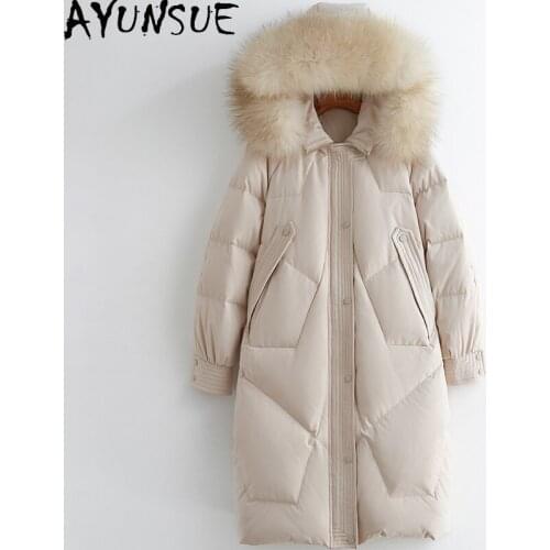 AYUNSUE Coat Female Winter 2020 White Duck Down Jackets Female Real Raccoon Fur Collar Hooded Parkas Woman Coats Casaco TN269