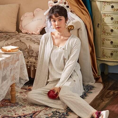 M-5XL Plus Size 3PCS Pajamas Suit Womens Spring Autumn New Cotton Loose Nightwear Sweet Lace Sleepwear Sexy Strap Home Clothes