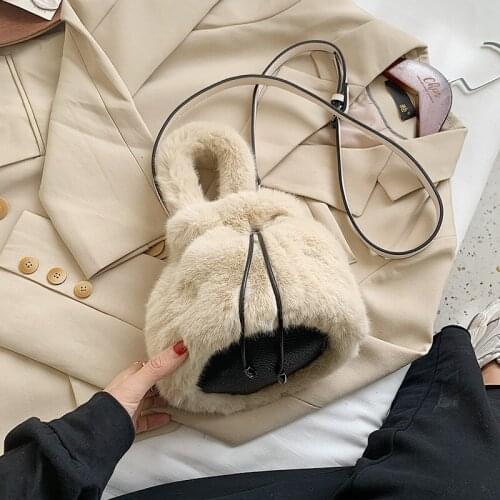 HISUELY Winter Faux Fur Women Bucket Bags Small Plush Shoulder Bag Casual Lady Handbag Fashion Plush Bag Travel Female Purse