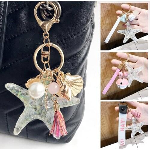 1PC Sea World Starfish Keychain Pearl Shell Keyrings Car Key Boho Cartoon Pendant Weddings Gifts Beach Style Jewelry Accessories