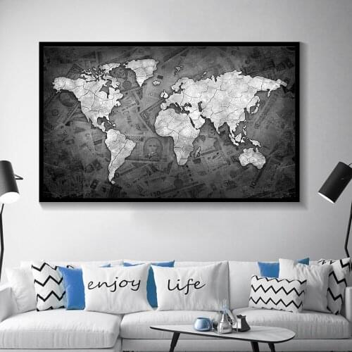 Abstract 3D World Map Canvas Painting Globe Maps on Money Background Print On Canvas for Office Room Wall Picture Home Decor