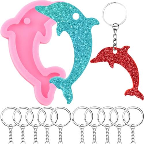 Shiny Glossy Dolphin Keychains Mold Epoxy Resin Silicone Mould With 10 Pcs Key Rings DIY Craft Necklace Charms Making Jewelry