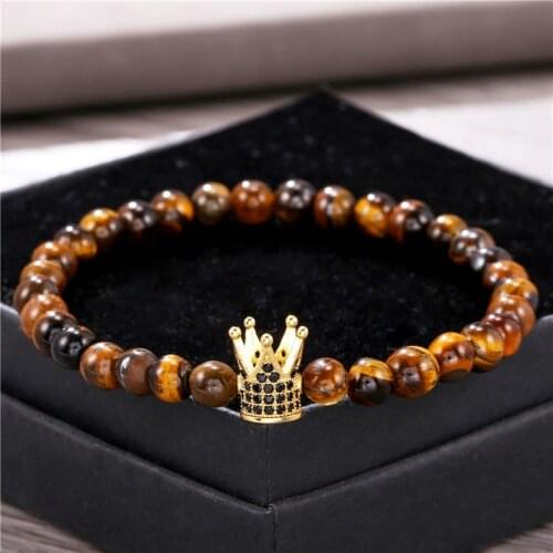 6mm Tiger Eye Stone Beads Bracelet 2pcs/set Crown Men Bracelets For Women Copper ball Armband Pulsera Hombre Pulseiras Masculina