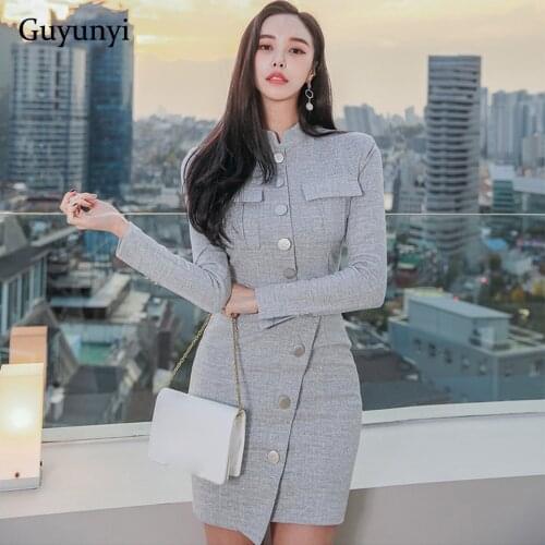 Elegant Office Dress 2020 Winter Fashion Stand Collar Decoration Single-Breasted Back Invisible Zipper Womens Party Dress